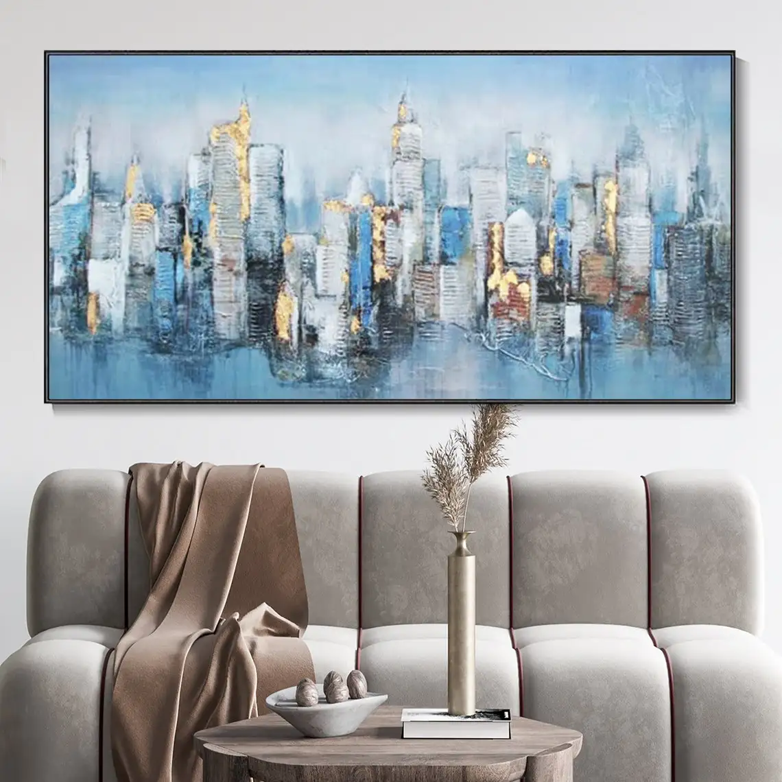 

Large Blue City Textured Oil Painting 100% Hand Painted Oil Painting Wall Art Abstract Industrial Canvas Artwork For Living Room