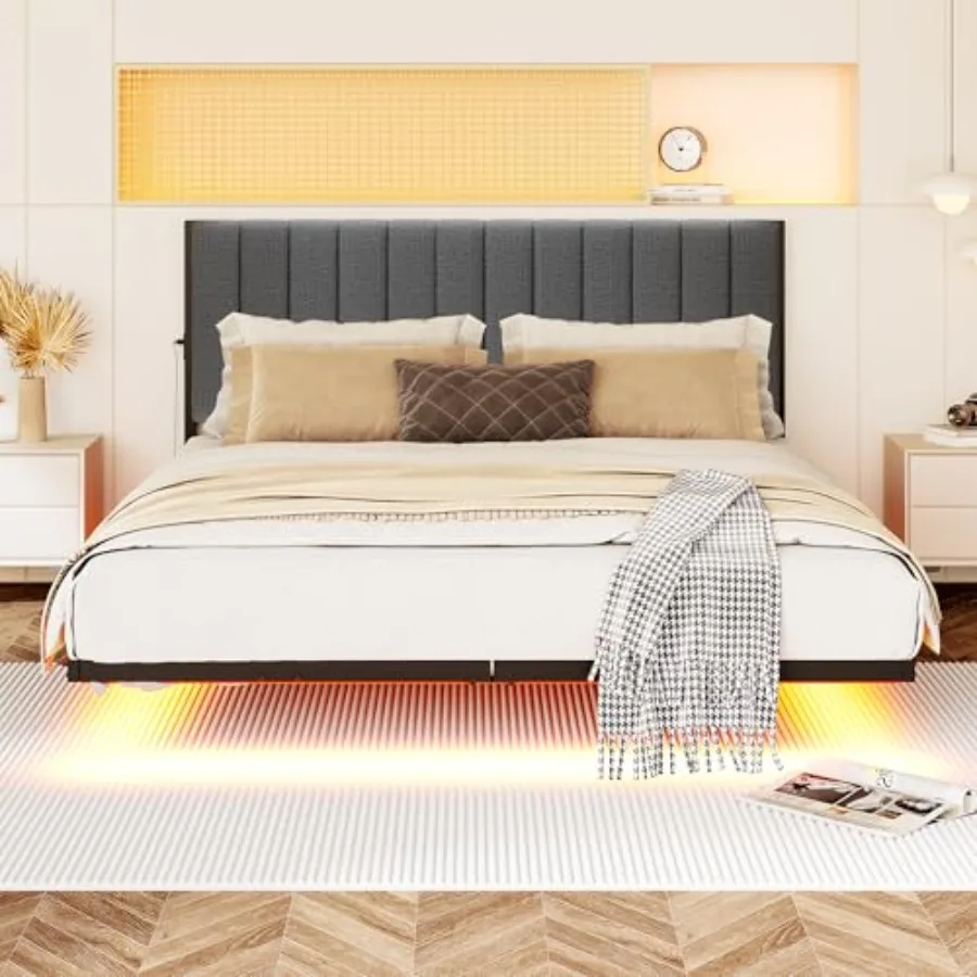 

Floating Full Bed Frame with LED Lights and Charging StationMetal Platform Bed Frame Full Size with Upholstered Headboard No Bo