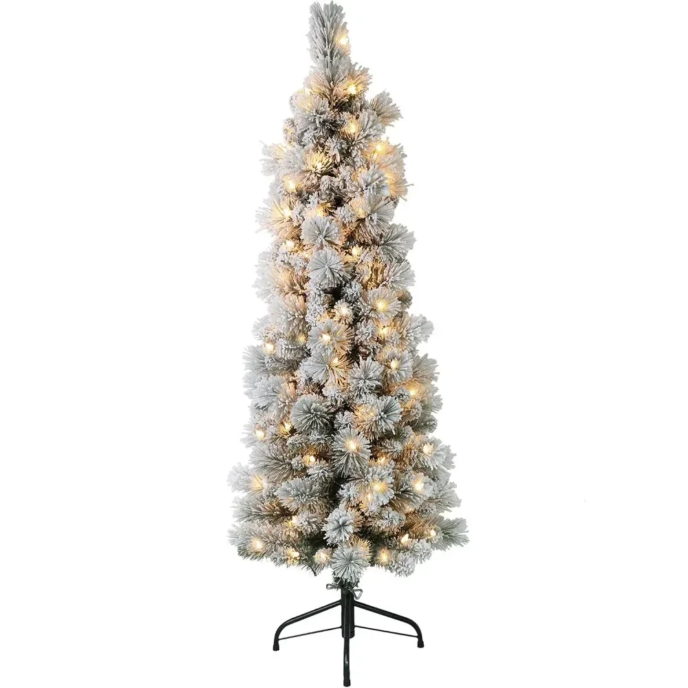 

Christmas Tree 4.5 Foot Pre-Lit Flocked Portland Pine Pencil Artificial Tree with 100 UL Listed Clear Lights Christmas Trees