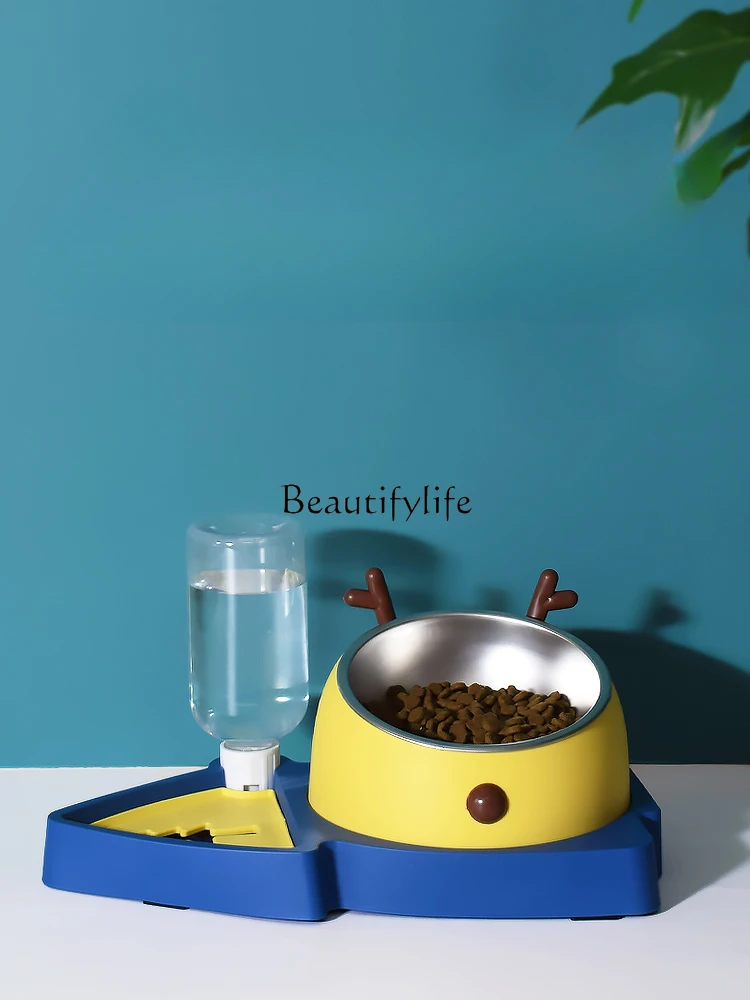 Kittens Double Bowl Oblique Mouth Protection Cervical Spine Automatic Drinking Water Anti-Tumble Water Bowl Cat Supplies