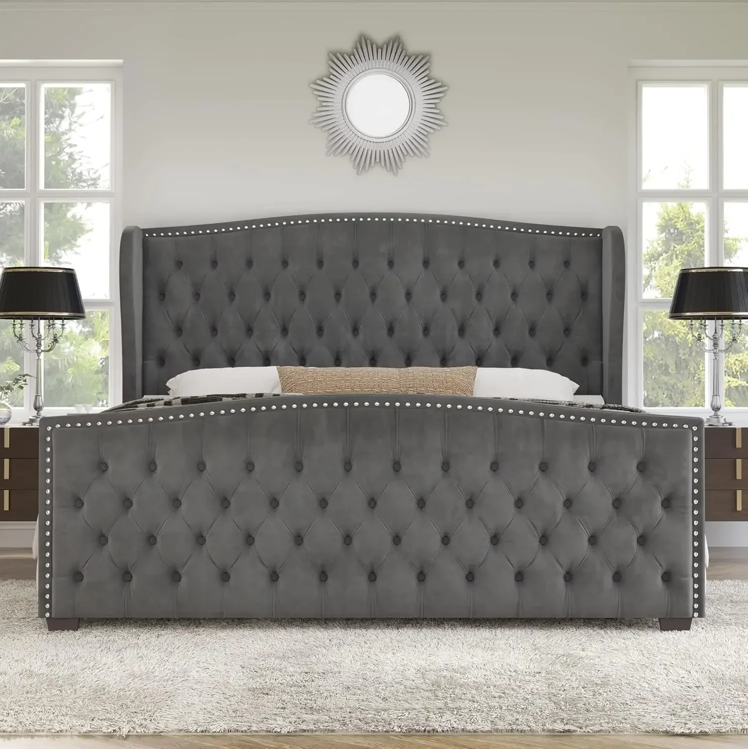 King Size Platform Bed Frame, Velvet Upholstered Bed with Deep Button Tufted & Nailhead Trim Wingback Headboard