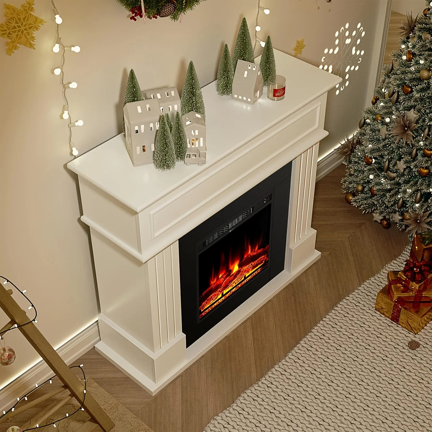 

Entertainment Console With Electric Fireplace - 18' Heater, 3D Realistic Flames Mantel. Freestanding White Entertainment Cabinet