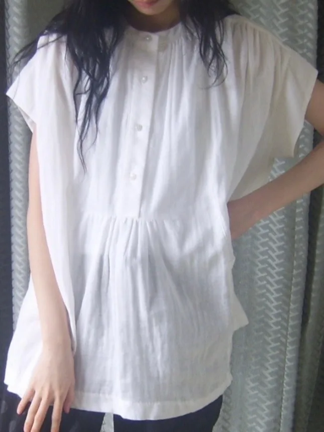 

Summer New Sle Women's Loose ort Sve irt ket Pleated Design Casual round Ne Pure Color Commute Faion Top