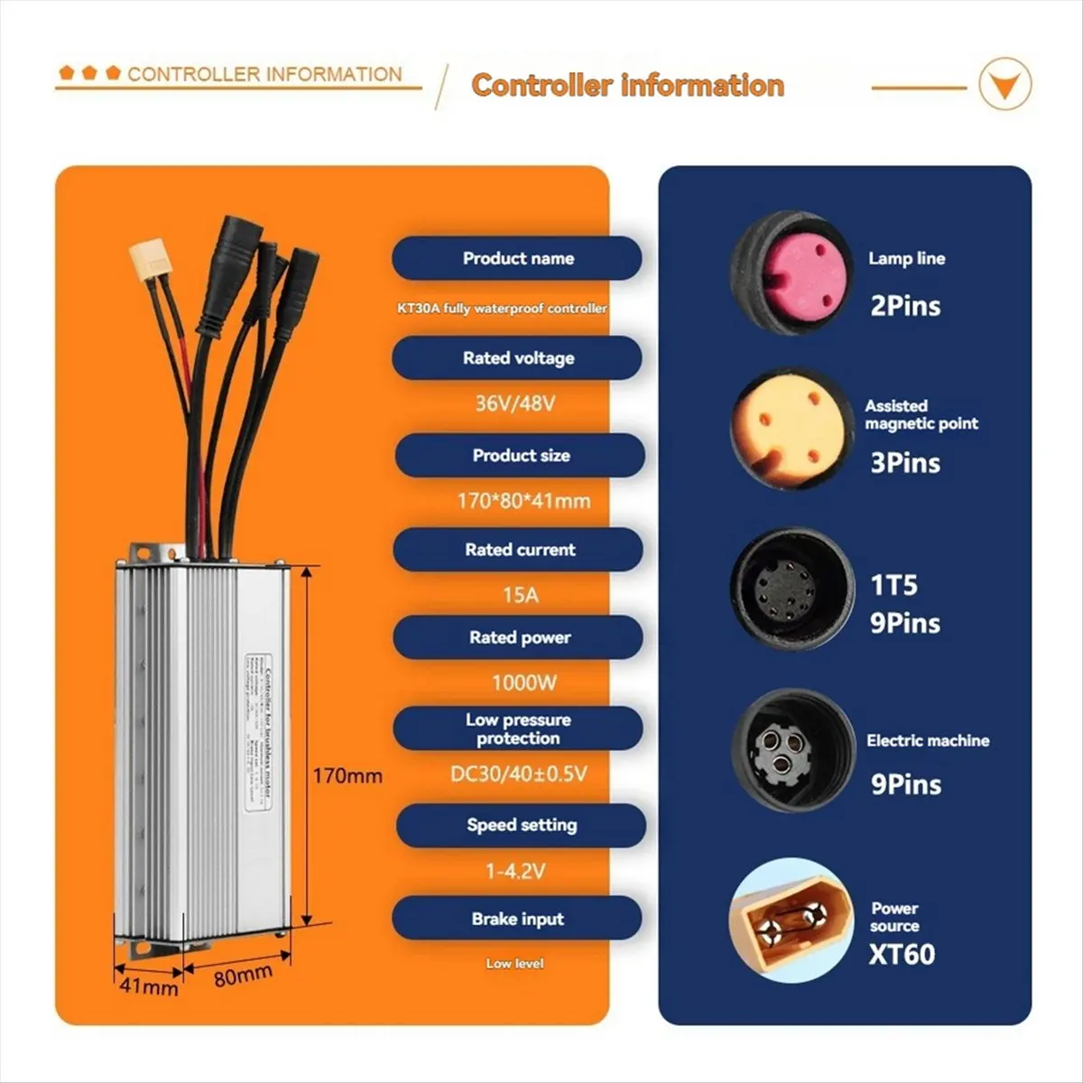 وحدة تحكم للدراجة الكهربائية مع سلك ضوء 1T5 KT-30A وحدة تحكم بموجة جيبية مقاومة للماء ملحقات الدراجة الإلكترونية الأساسية #2