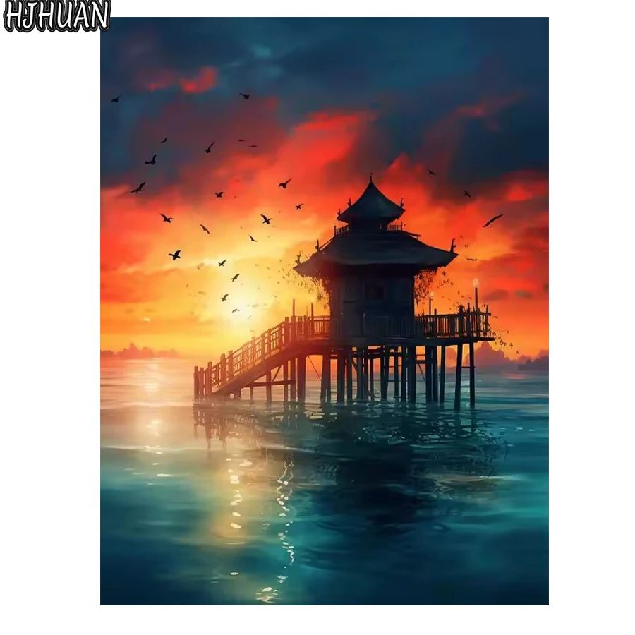

5d Diamond Painting Abstract art sunset, sea, pavilion, landscape Full Round Paintings Diamond Embroidery Cross Stitch Home Deco