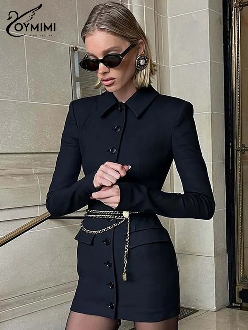 Oymimi Elegancka czarna obcisła sukienka damska Modne sukienki z długim rękawem z klapami i pojedynczymi piersiami Casualowe mini sukienki z prostymi kieszeniami