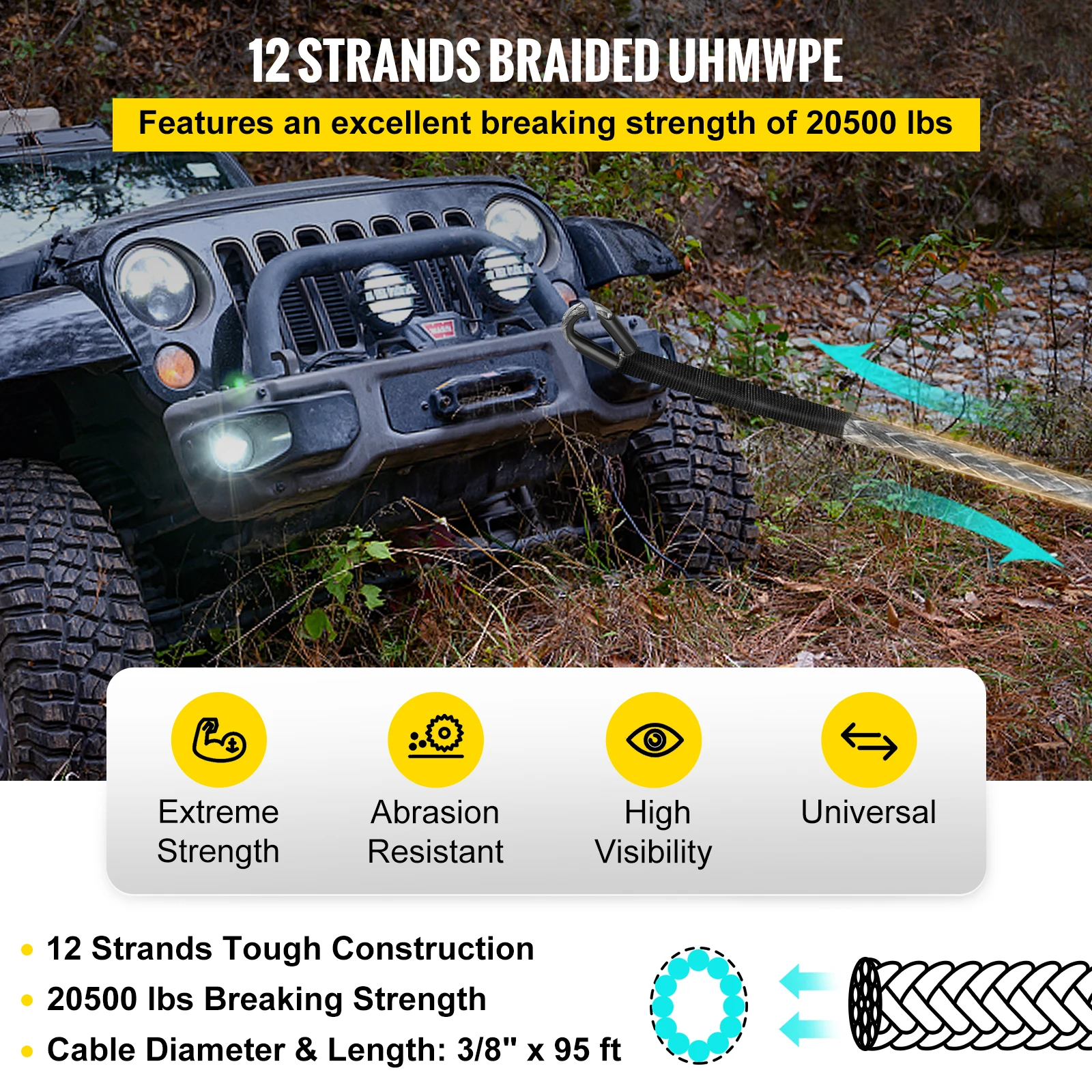 BuoQua 28m Corda Verricello In Acciaio Inox 9200kg Synthetic Winch Rope Corda Tiragraffi Per SUV ATV UTV JEEP