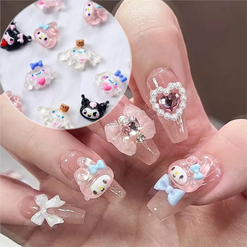 10 Pcs 3D Sanrio Cartoon Nail Art Charms Kawaii Kuromi Melody Cianmoroll Cartoon Rhinestone Gems For Nails DIY Craft Decoration