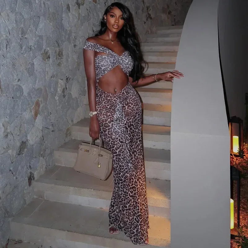 Damen-Kleid mit Leopardenmuster, Ausschnitt vorne, gerüscht, figurbetont, Midi-Maxi-langes Kleid, 2025, Sommer, Geburtstag, Urlaub, sexy Partykleider