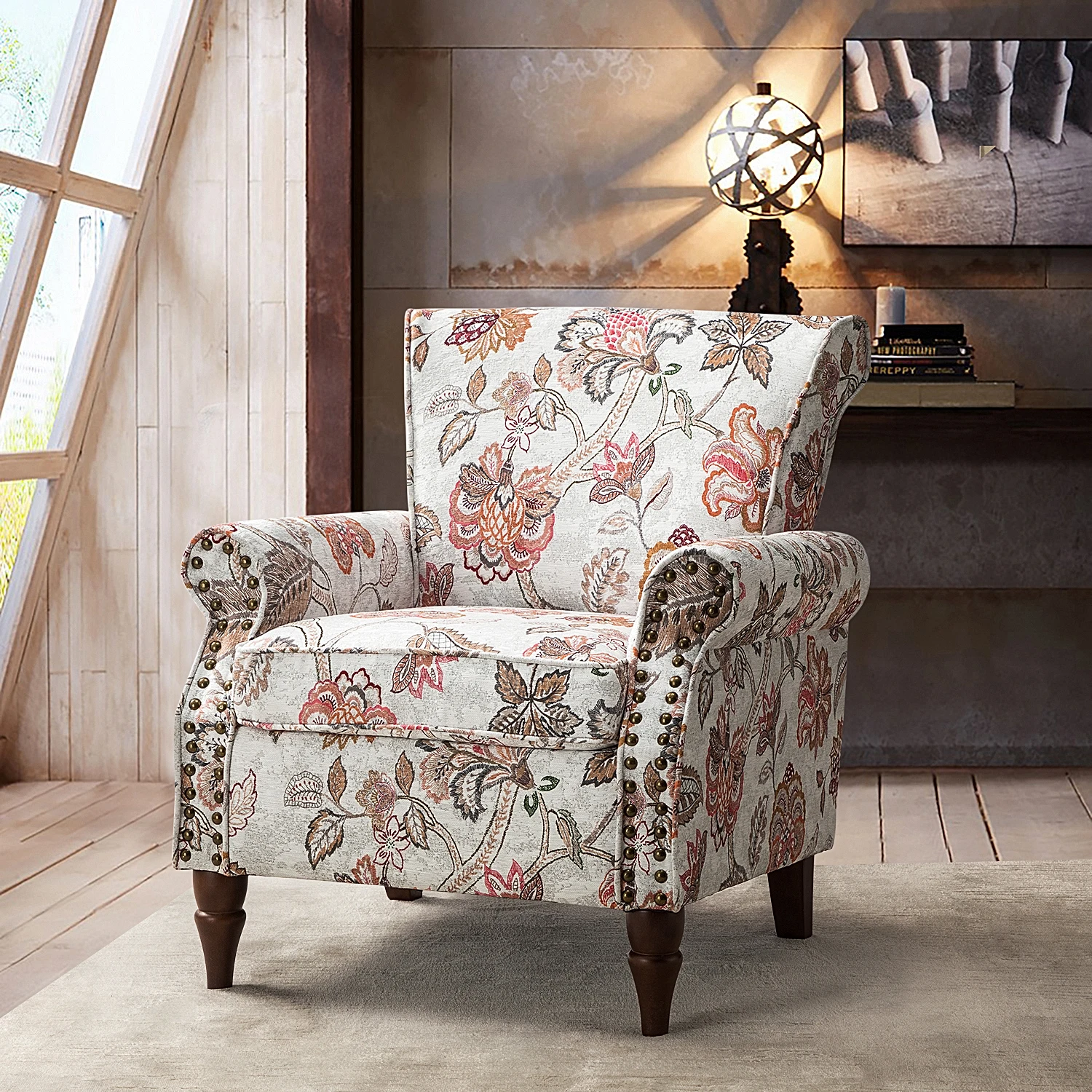 Phegia Armchair Club Chair  with Nailhead Trim and Turned Legs for Living Room Bedroom