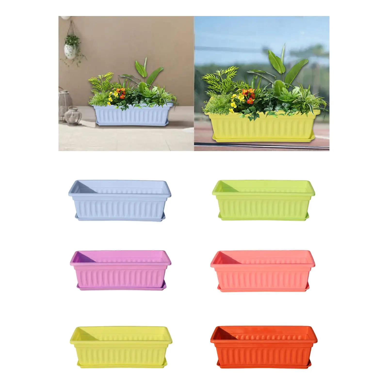 Rectangular Outdoor Planters Plastic Window Box Flower Pot with Tray and Drainage Balcony Plant Pot for Patio Yard Garden Beds