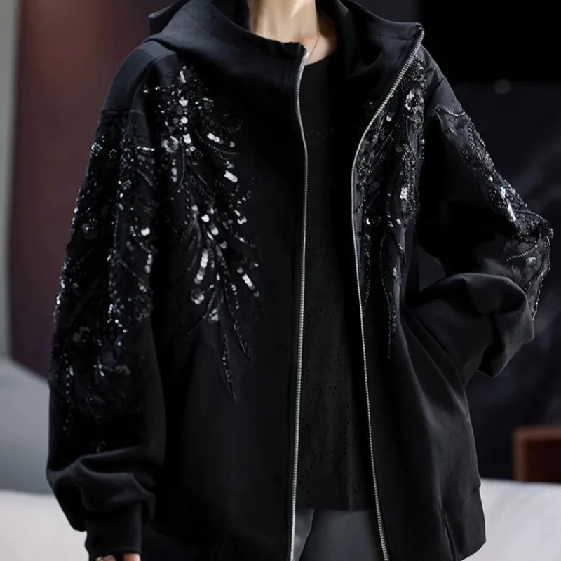 SuperAen Fashion Embroidered Flares Hooded Jacket for Women Spring and Autumn 2025 New Loose Oversize Casual Coats