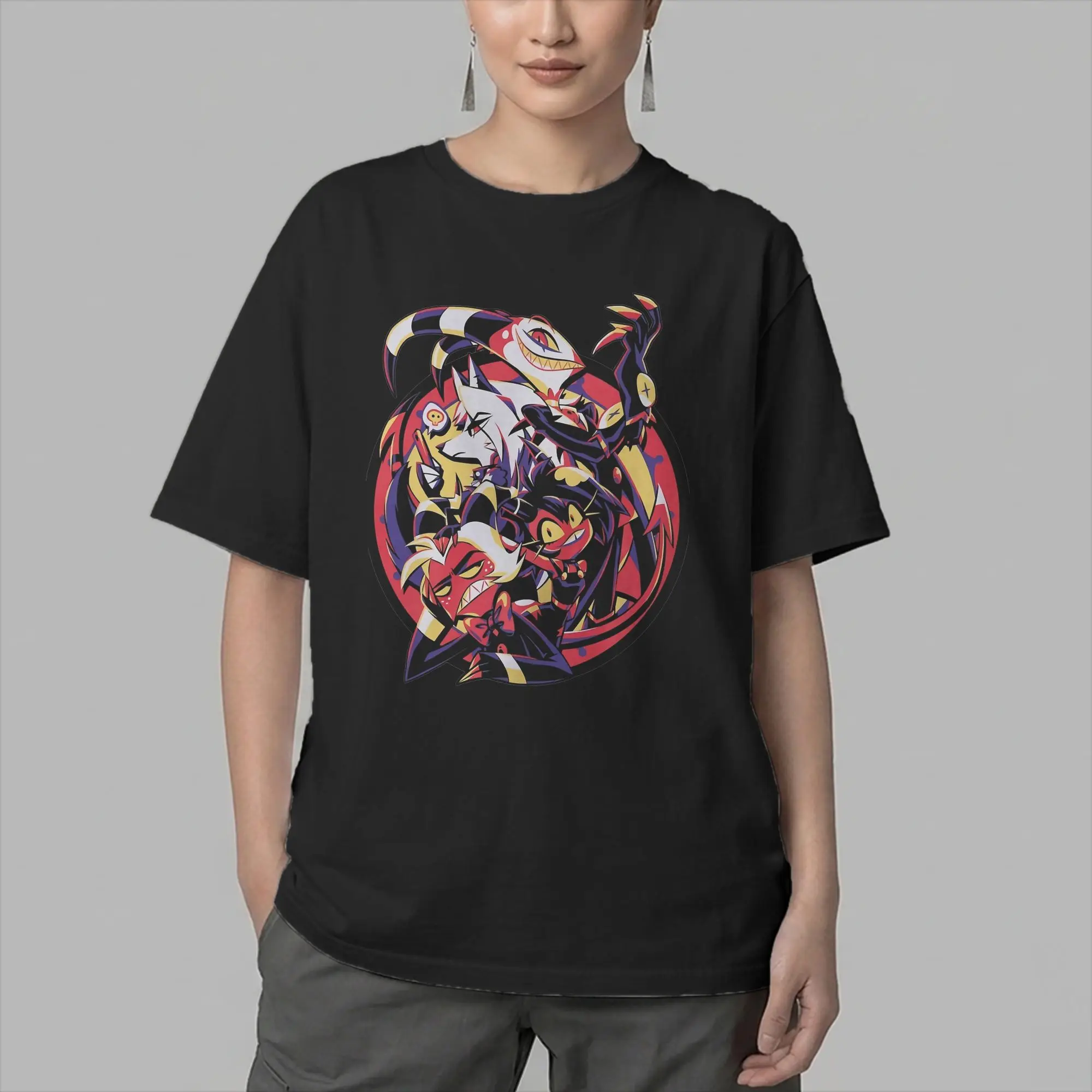 Helluva Boss Group T Shirt Men Cotton Vintage T-Shirts Crew Neck Moxxie Blitzo Tee Shirt Short Sleeve Clothes Gift