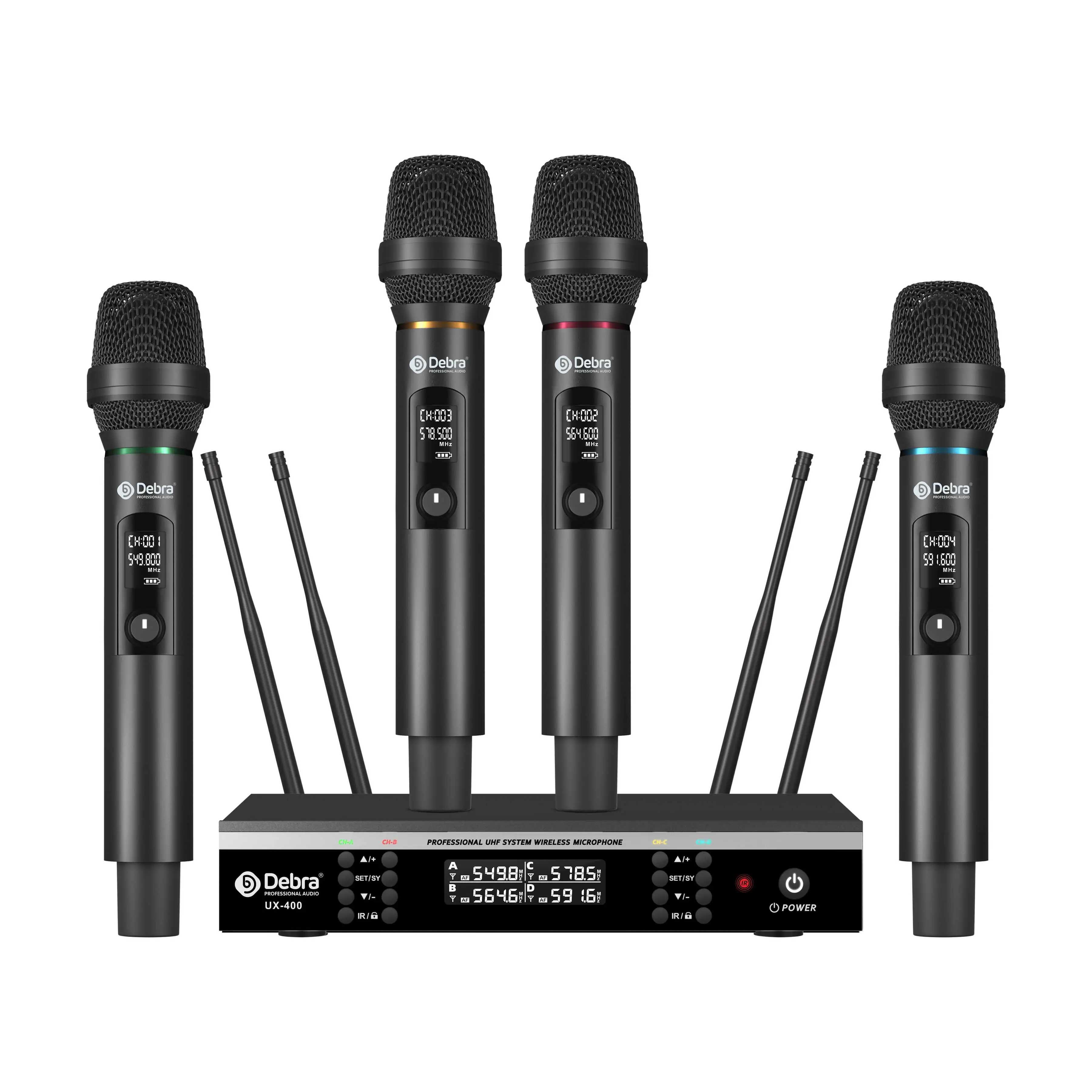 Debra UX-400 UHF 4-channel wireless handheld microphone, rechargeable microphone, 80M transmission distance, for stage, karaoke