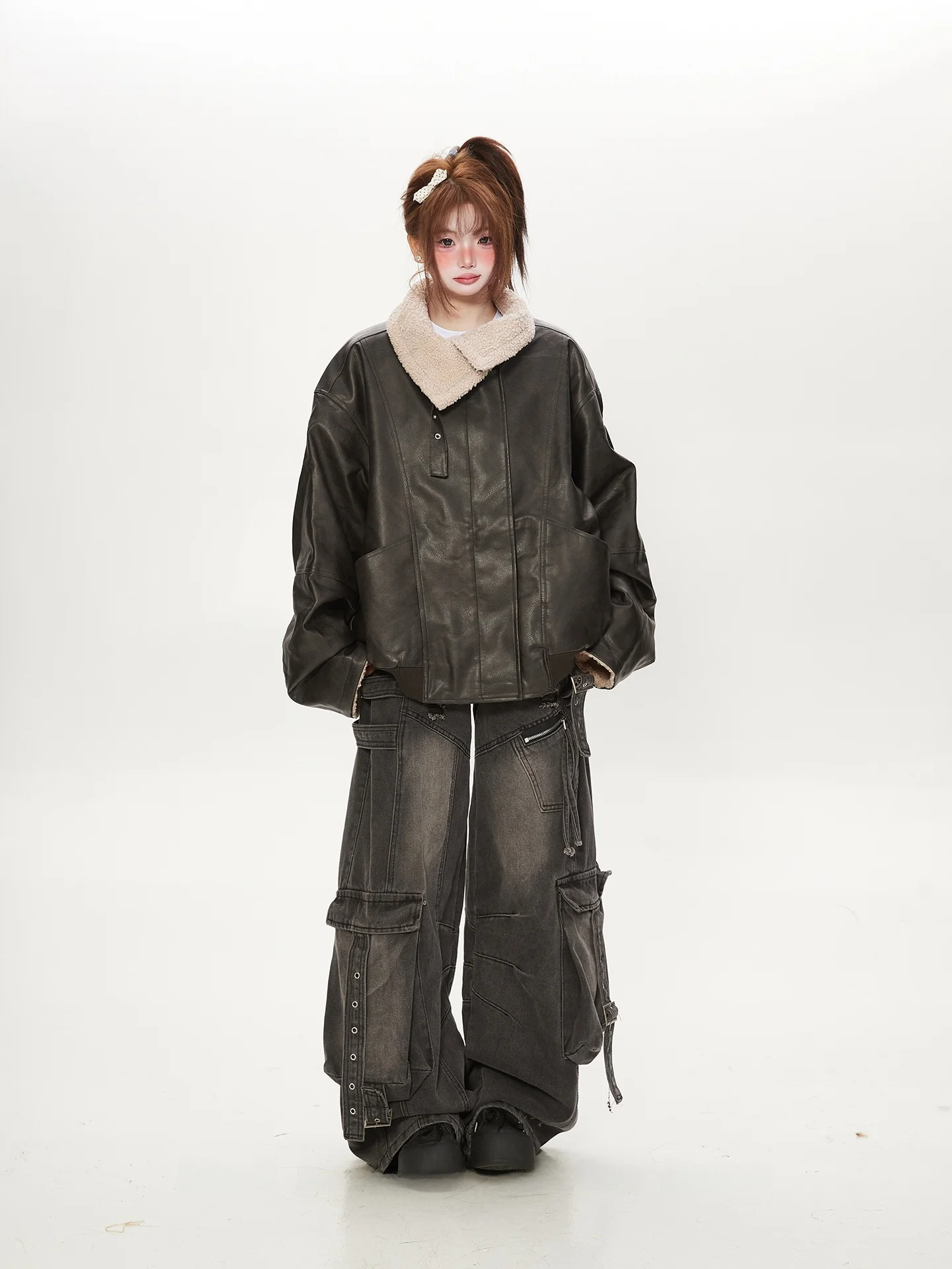 Thiened Fce Gefütterter Loser Damen-Mantel Retro Amerikanischer Stil Umweltfreundliches PU-Lammfell-Spleiß-Wintermantel