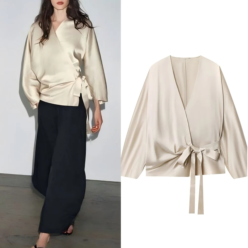 

Новая модная женская рубашка с бантом на шнуровке и украшением, повседневная льняная рубашка с v-образным вырезом, женская рубашка в стиле ретро с длинными рукавами, шикарный топ