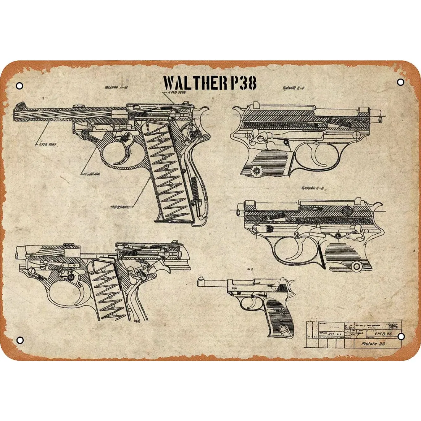 Walther P38 Letrero de chapa Vintage Metal Decoración de pared Retro 8x12 pulgadas Memorabilia militar