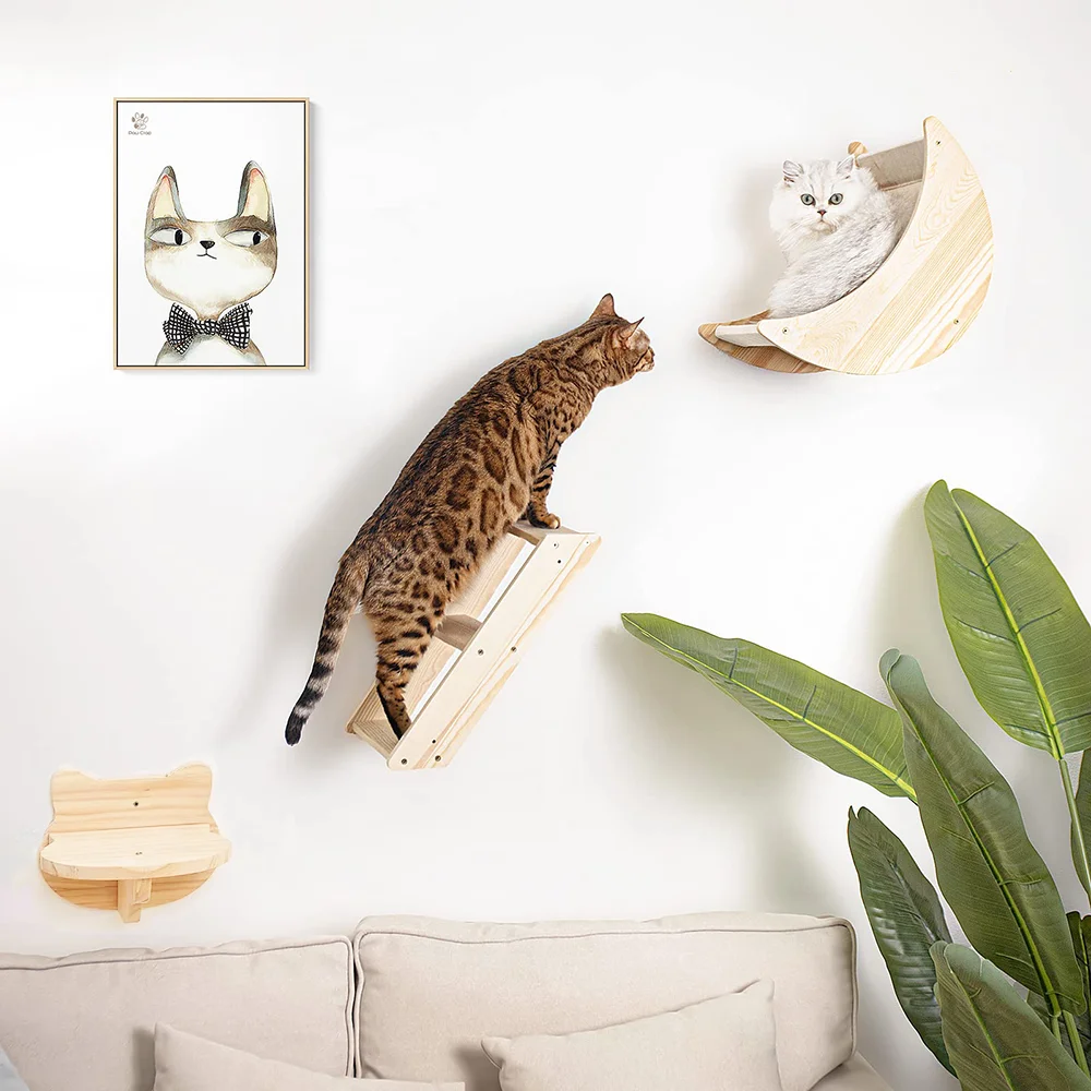 

Wall-mounted furniture moon-shaped cat hammock cat rack wall-mounted hammock climbing frame solid wood steps