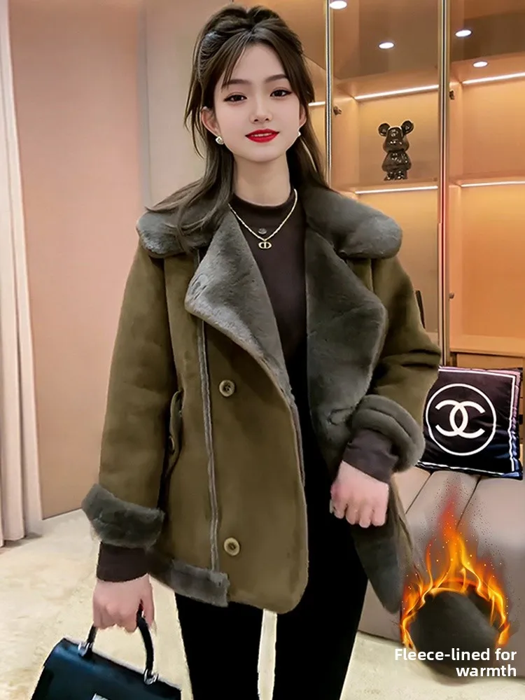Elegant Double-Row Button Mid-Length Fur-Trimmed Leather Jacket Women's Fashionable Outerwear Winter New Style Commute Style