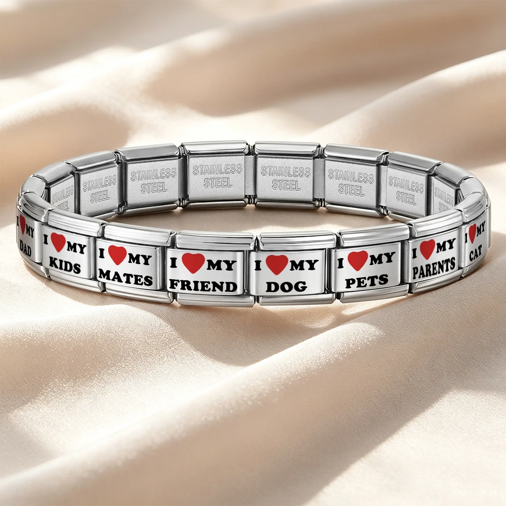 URING Lasergravierte italienische Charm-Gliederkette, passend für 9 mm Edelstahl-Perlen der Serie „I Love My Family“, DIY-Armband, Modeschmuck – Detail 2