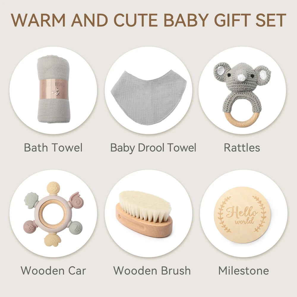 0-24M Neugeborenen-Badeset Doppelseitiges Baumwollhandtuch Spielzeugauto Gehäkelte Rassel Baby-Meilenstein-Karten Babyschuhe Babyparty-Geschenk – Detail 2