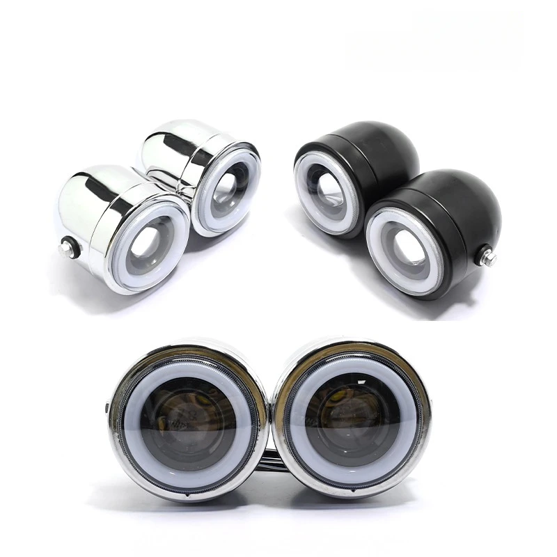 Motorcycle Modified LED Double Eye Headlights Round Motor Electroplate Retro Cafe Racer Angel Eye Headlamp