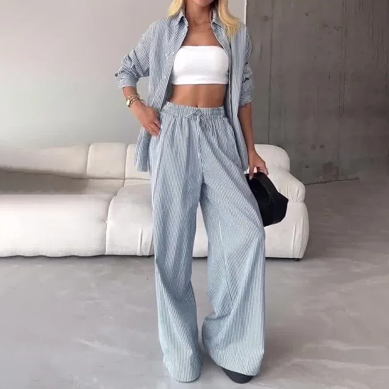 

Pant Set Women Two Piece Sets Striped Turn Down Collar Matching Sets Casual Shirt Tops Wide Leg Long Pants Y2k Elastic Waist