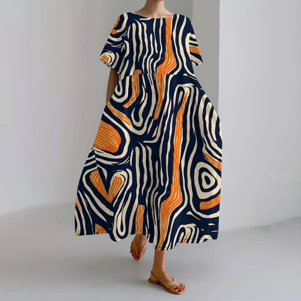 

Abstract Orange&Black Flow Dress Fluid Line Art Dress Striking Patterned Long Skirt Casual Elegance Orange-Black Abstract Dress