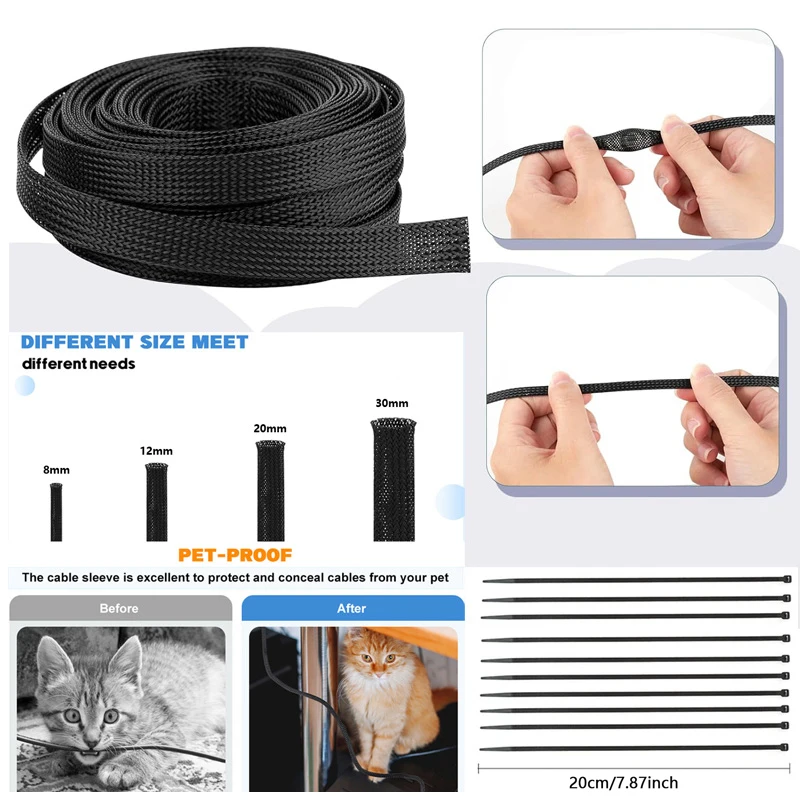 Braided Wire Loom PET Cable Loom Expandable Braided Sleeving Wire Sleeve for TV Computer Home Theater Cable Sleeve 3M/10M