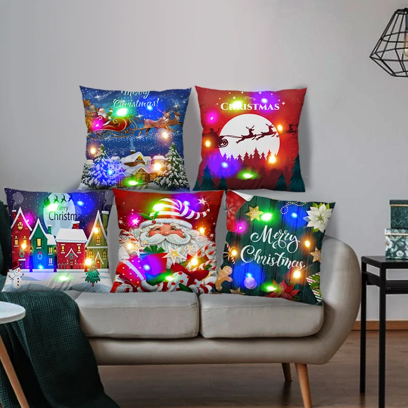 Christmas Glowing Pillowcase LED Light Sofa  Decorations 2022 Cushion Cover Santa Claus  45X45cm