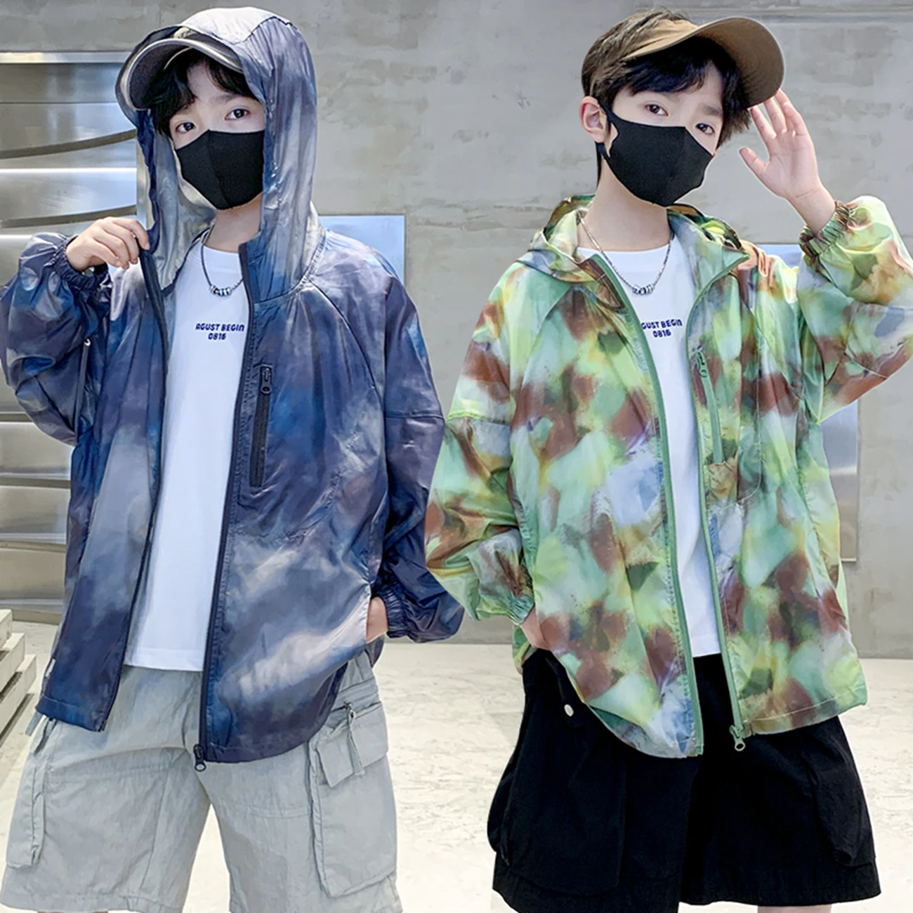 Boys Teen Summer Lightweight Ice Silk Dyed Sun Protection Clothing Breathable Loose Fit Long Sleeve Zipper Closure Casual Style