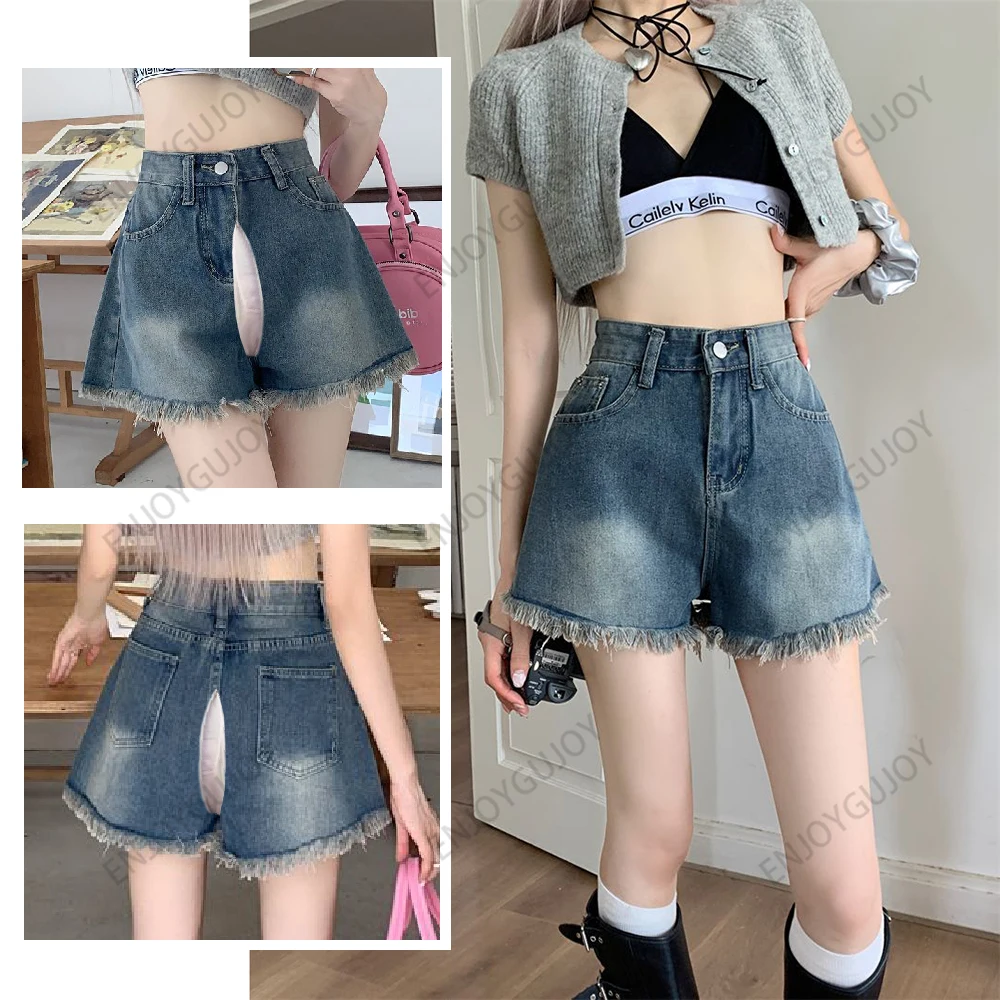 

Invisible Open Crotch Outdoor Sex High Street Women Denim Shorts Summer Women's Hot Trousers High Waist Wide Leg Short Pants