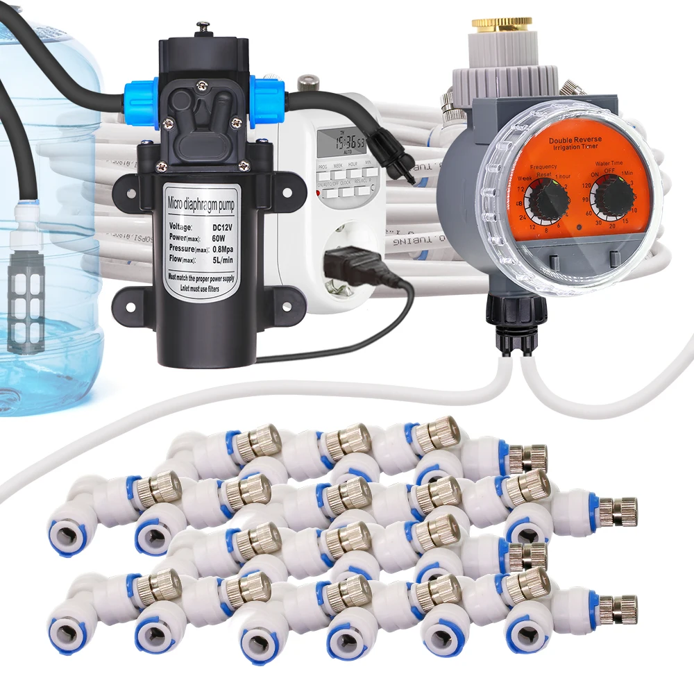 

0.3mm 6/9/12/15/18/21M Automatic Atomizing Cooling Spray Kit 60W Self-Priming Pump Nozzle Quick Connector For Garden Irrigation