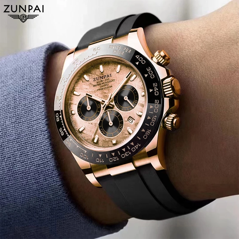 ZUNPAI Original Watch for Men Waterproof Sports Rubber Diving Wristwatches Golden 2024New Fashion Luxury TOP Brand