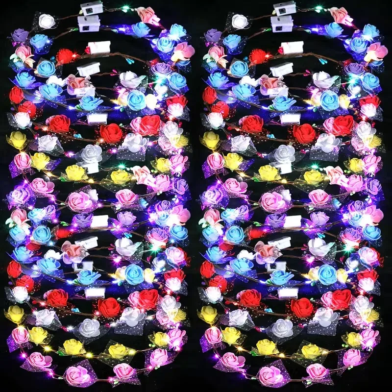 Diadema de Flores con Luces LED, Corona de Plástico Brillante para Viajes, Mercados Nocturnos, Fiestas, San Valentín, Festivales, Accesorios para el Cabello