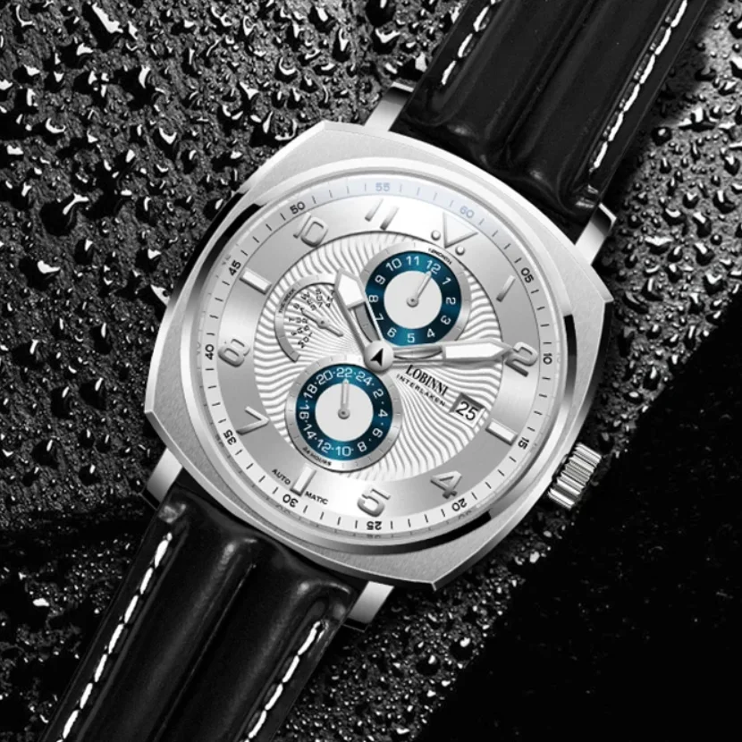 LOBINNI Men Automatic Watch 43MM Square Mechanical Wristwatch 50M Waterproof Sapphire Multi-Dial Month Week 24 Hours
