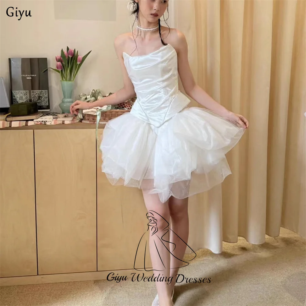 Giyu Cute A-line Mini-Length Korea Wedding Dress Photo Shoot Strapless Bridal Gown Customized Above Knee Pretty Bride Dress ﻿