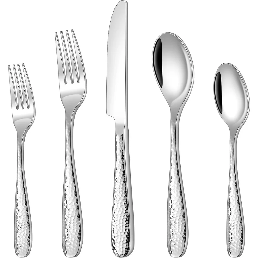 

Hammered Silverware Set 40Piece Flatware Set for 8 Mirror Finish Stainless Steel Eating Utensils Sets Include Forks Spoons and