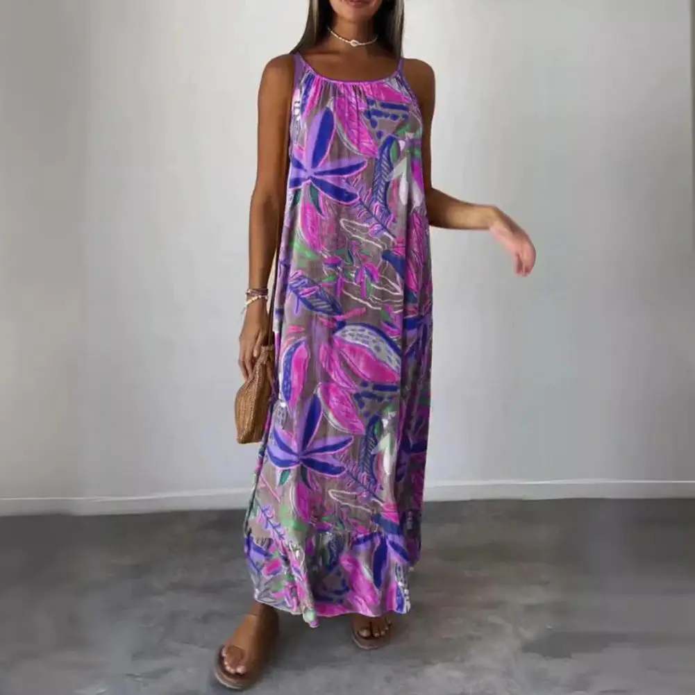 

Beach Sundress Bohemian Style Leaf Print Maxi Dress for Summer Vacation Beach Sleeveless Backless O Neck Women's Ankle Length