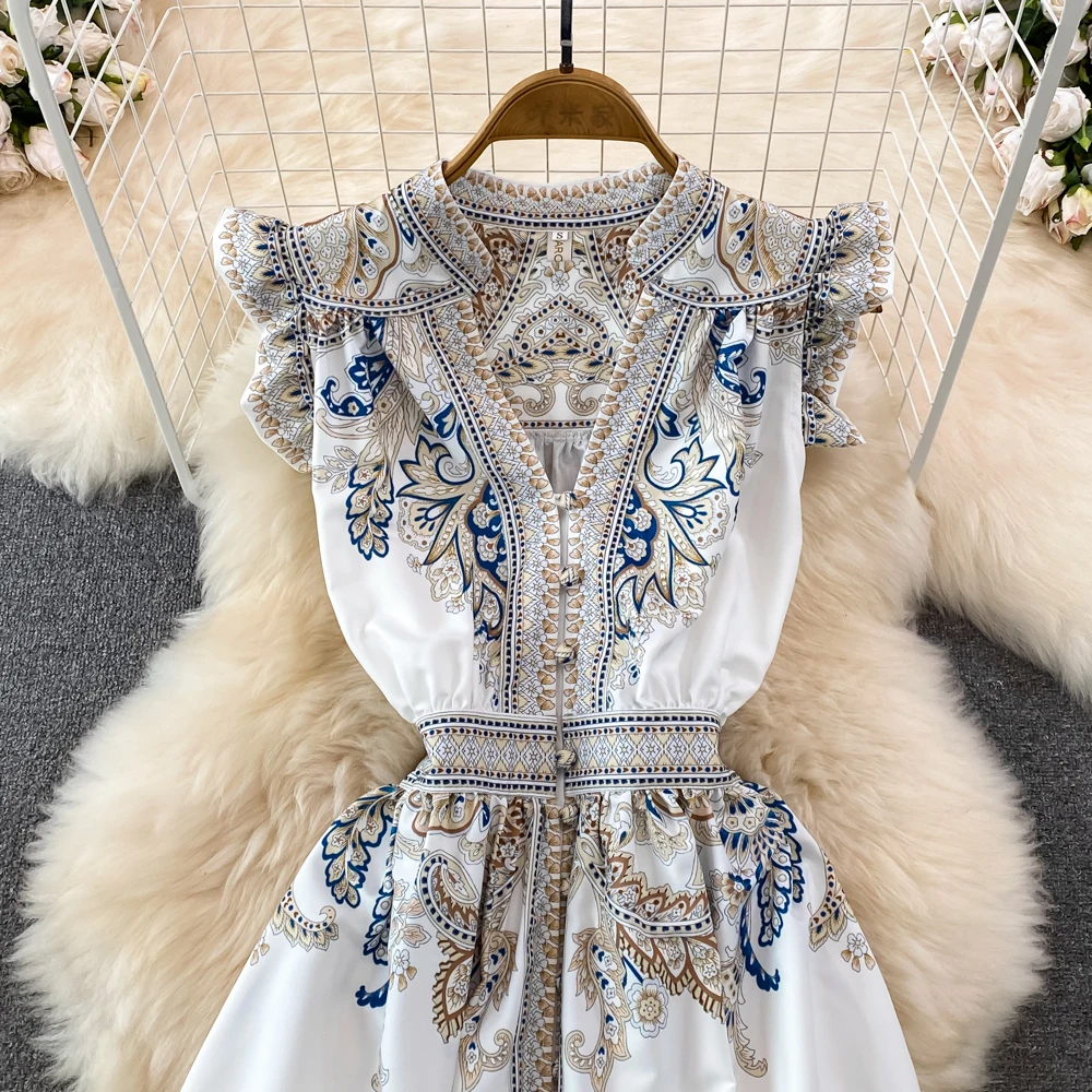 Summer Elegant Women's Long Dresses Sexy V-neck Sleeveless Ruffles Vintage Luxury Floral Print Party Maxi Dress Female Vestidos