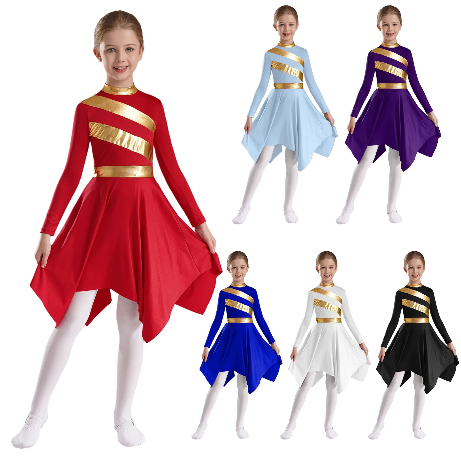 Kids Girls Ballet Dress Lyrical Christian Worship Dance Tunic Dress Metallic Color Block Choir Praise Dance Ballerina Costume