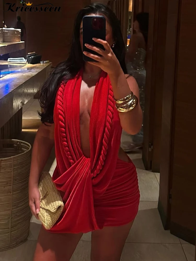 Kricesseen sexy ​ Dames effen wikkelontwerp met ruches en gedraaidetail Jurk Dames Halter Backless Cocktail Party Clubwear Bodycon