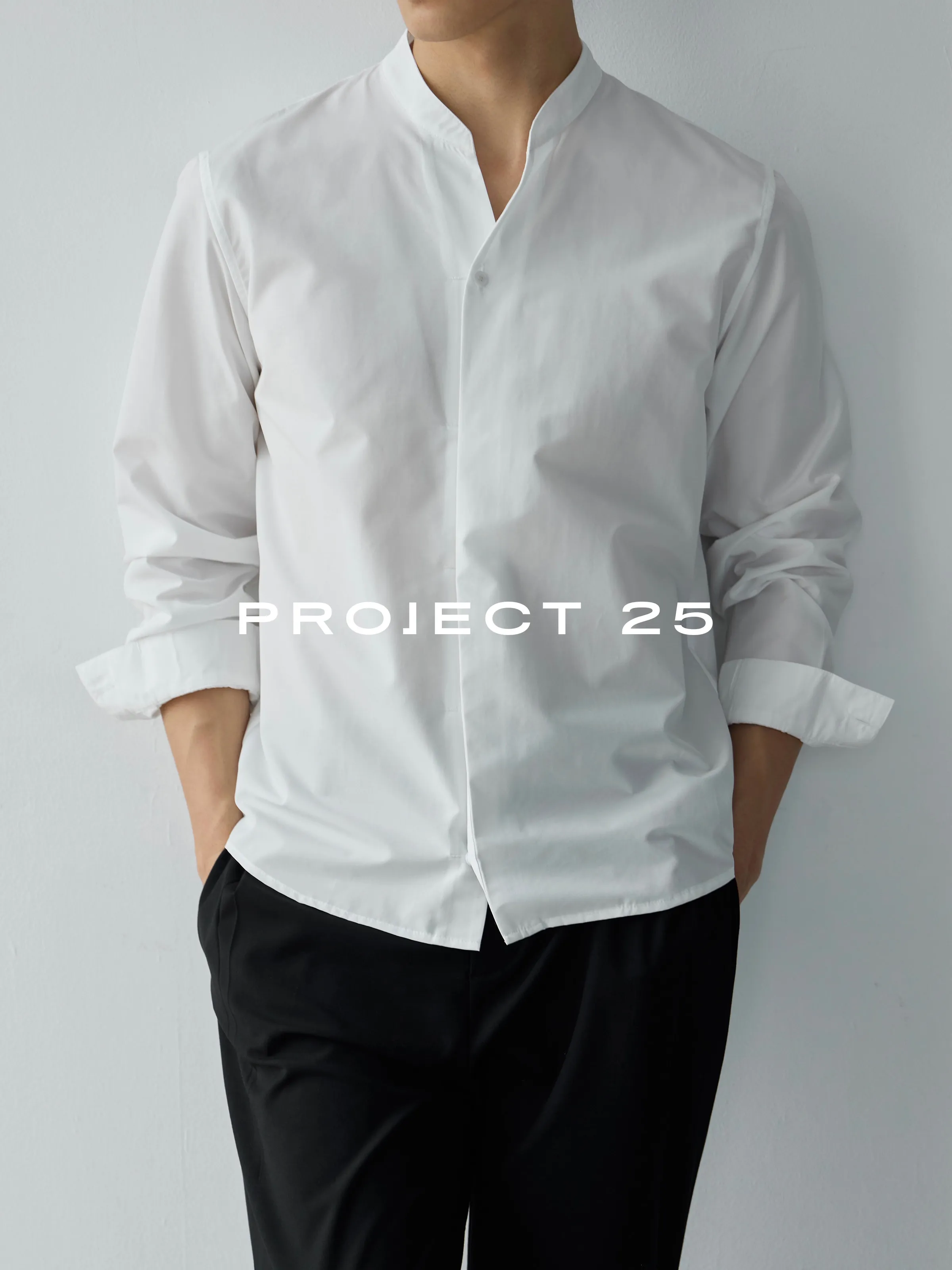 PROJECT 25 Cotton Mandarin Collar Long Sleeve Shirt Anti‑Wrinkle Easy Care Versatile Casual Commuter Men Shirt For Autumn