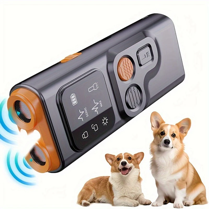 USB Rechargeable Sonic Dog Repeller With Dual Ultrasonic Emitter And High-Frequency LED Flashlight, Anti-Barking Device