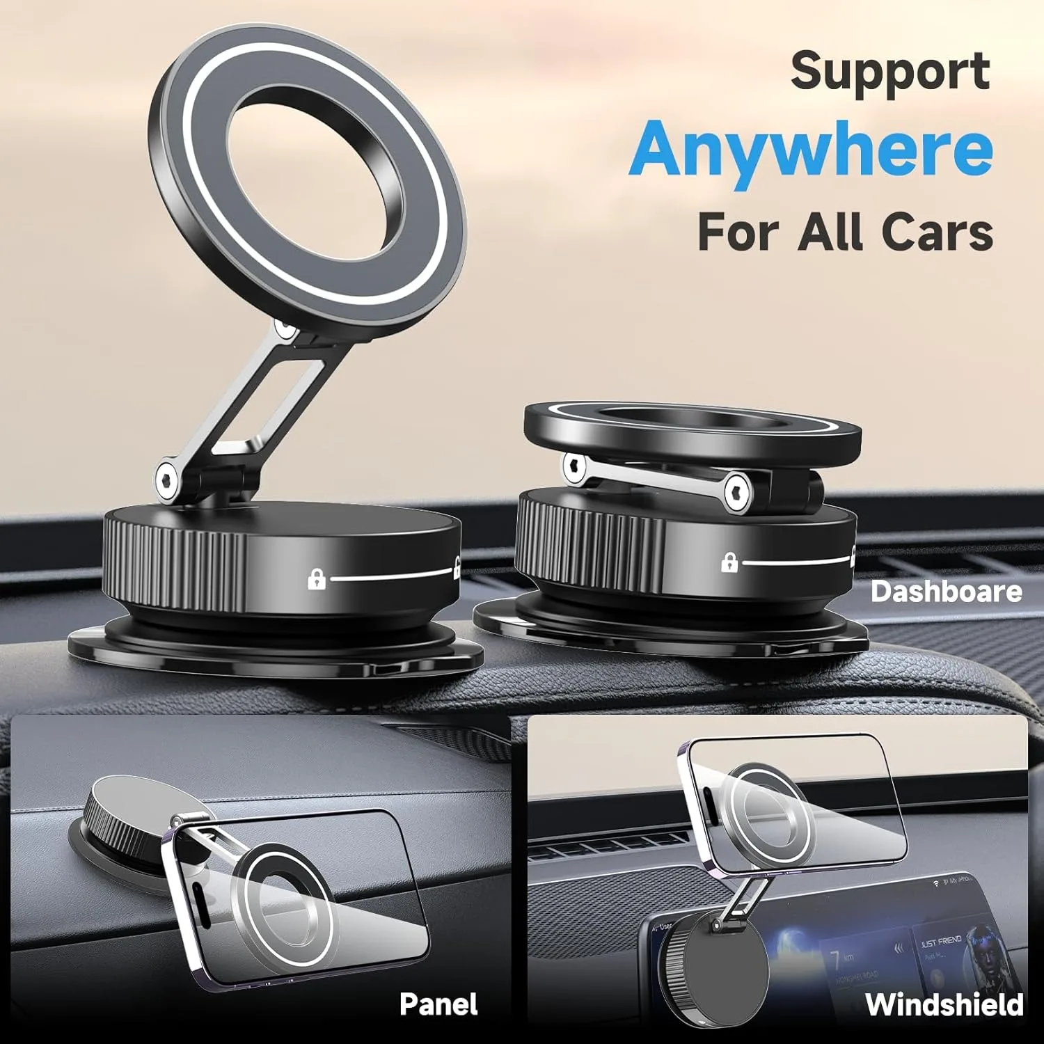 

2026 Vacuum Magnetic Car Phone Holder for MagSafe Compatible Cell Phones 360° Rotatable Reinforced 96LBS Ultra Suction Cup Mount