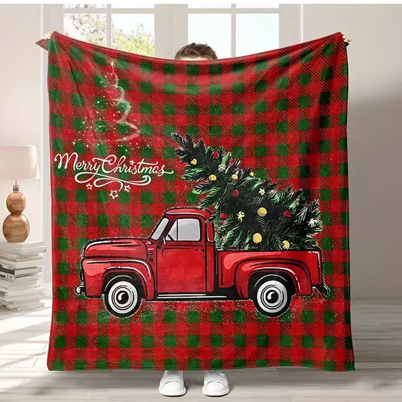 VIKAMA Merry Christmas Throw Blanket with a Red Vintage Truck Carrying a Tree on Buffalo Plaid Warm Bed Blanket Family Gift