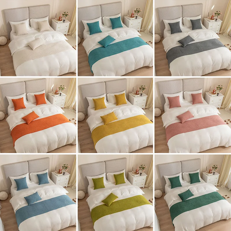 Solid Color Velvet Bed Flag Minimalist Diamond Patterned Bed Scarf Hotel Homestay Decoration Soft Comfortable Bed Covers
