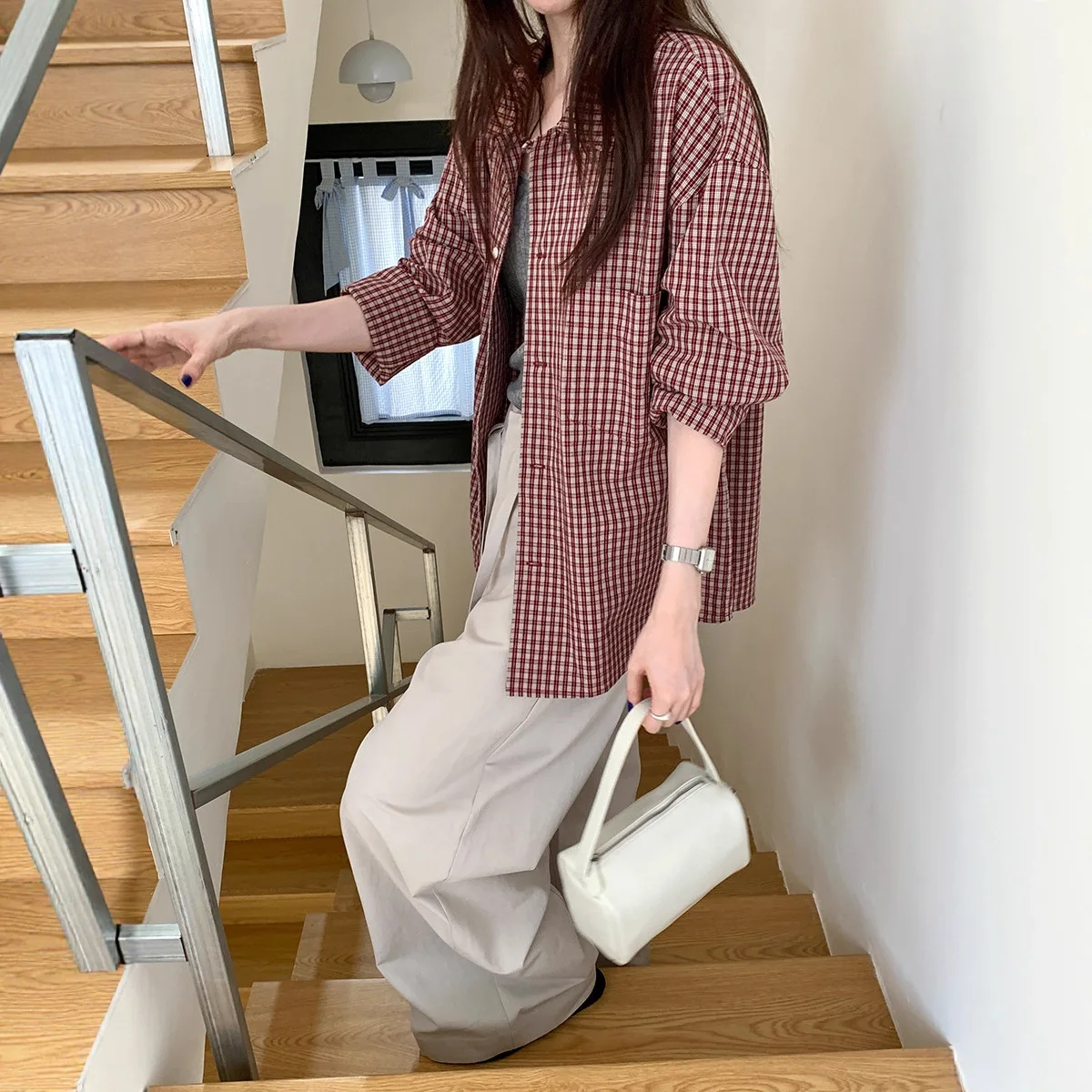 Red Plaid Shirt Autumn Women's 2025 New Loose Long-sleeved Shirt