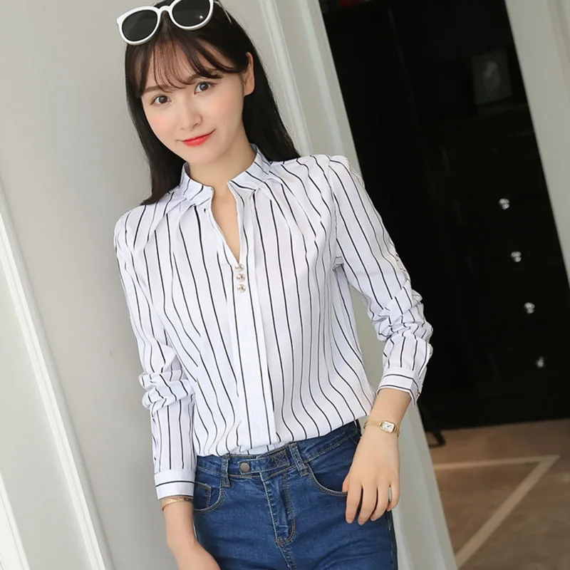 Xpqbb Autumn New White Shirt for Women Fashion Stripe Print Long Sleeve Office Lady Blouses Casual Loose Stand-up Collar Blusas