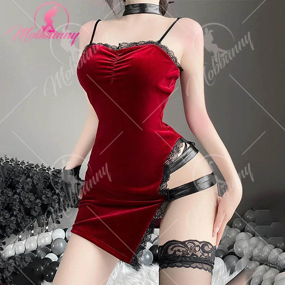 

USA Stock-MOBBUNNY Women Sexy Lingerie Set High Slit Lace Hem Red Velvet Bodycon Dress with Gloves Choker Thong One Size